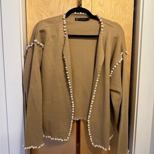 NWOT New York & Company Pearl-Trimmed Tan Cardigan